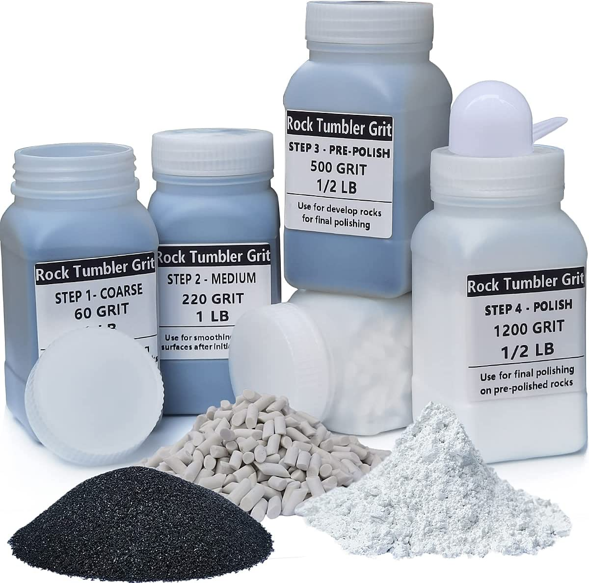 Rock Tumbler Grit Kit- 4 Steps Grit with 5Mm Columnar Tumbling Ceramic Filler Media Non-Abrasive for Tumbling Stones Compatible with Any Brand Tumbler Stone Polisher