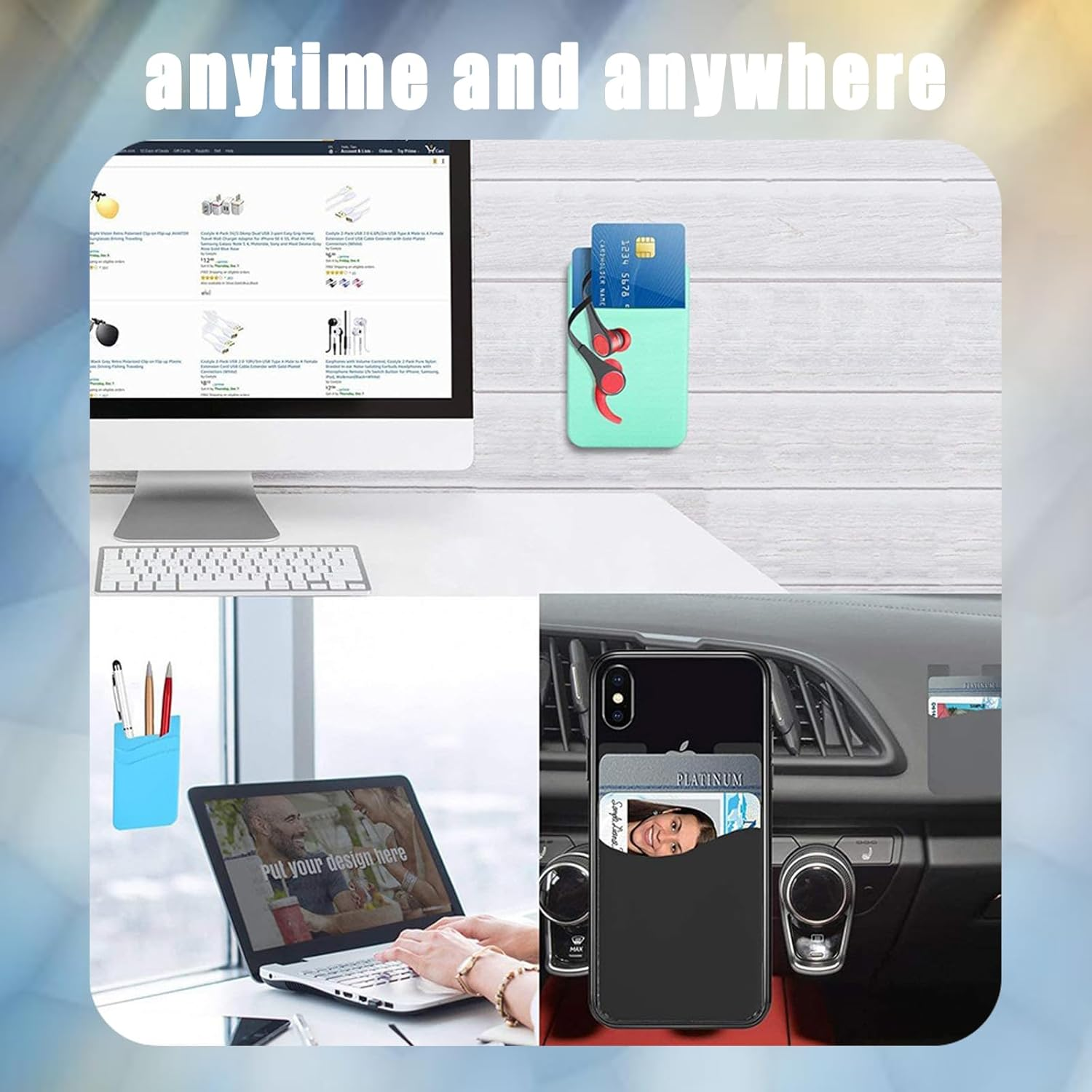 2Pcs Zakora Phone Wallet Stick On,Silicone Card Holder for Back of Phone Credit Card Holder for Phone Case Compatible for Credit Cards, Business Card, Cash & ID Cards (Black) - Blue image number 3