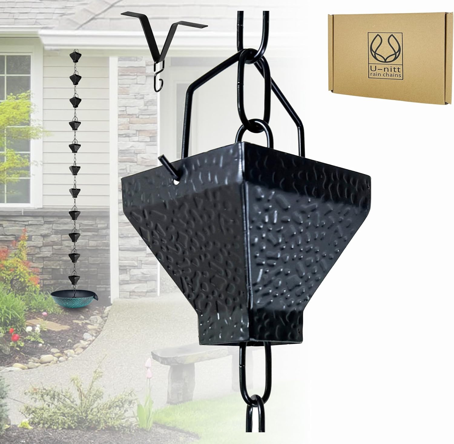 U-Nitt Rain Chain Water Collection for Gutters, Rainwater Catcher & Diverter, 8.5 FT Chains for outside Garden, Black Square Cups, Roof Downspout, Works with Heavy Rain, W/Gutter Clip for Rainchains