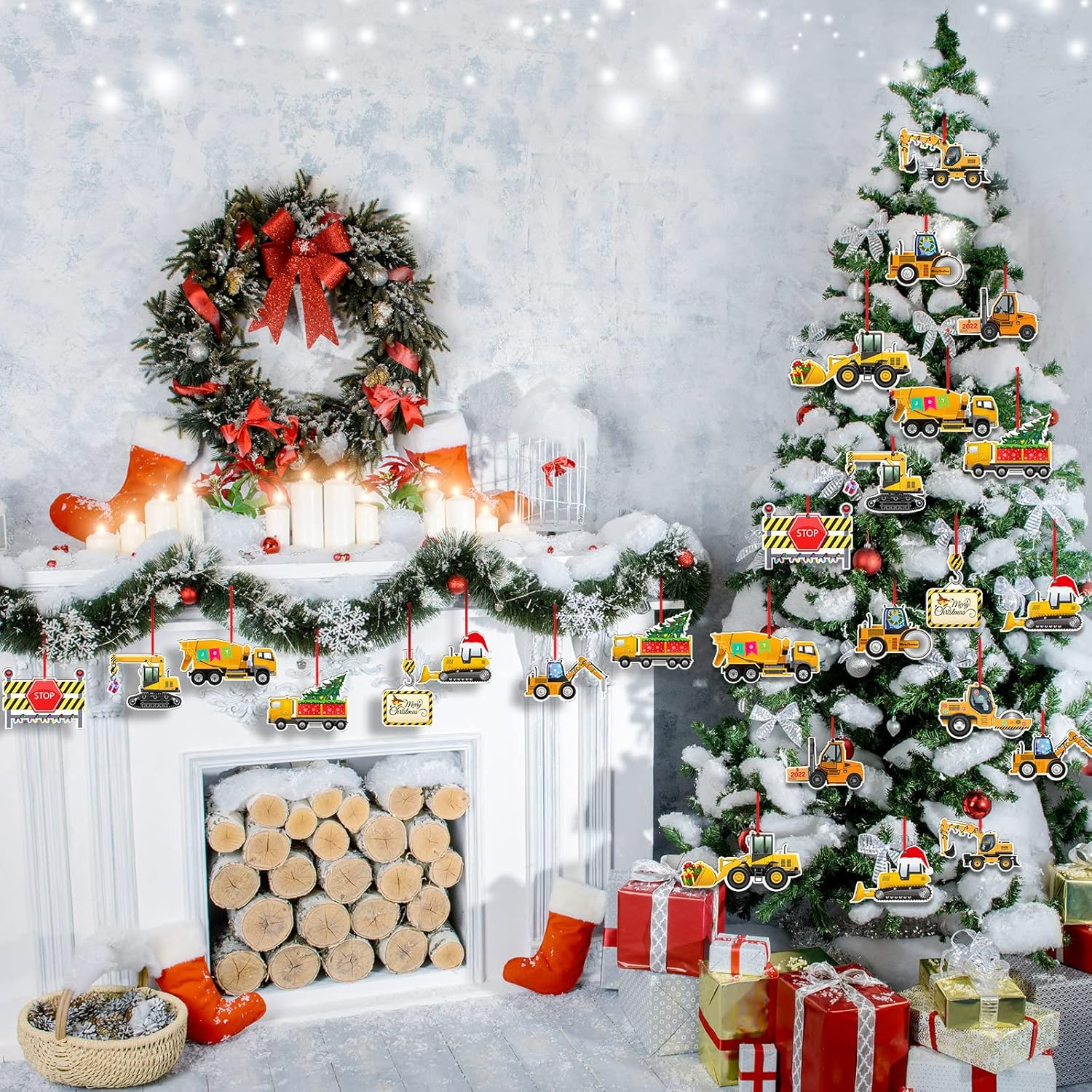 12 Pcs Christmas Construction Truck Vintage Excavator Christmas Ornament Excavator Decorations Wooden Xmas Ornaments Decorative Hanging Ornaments for Tree