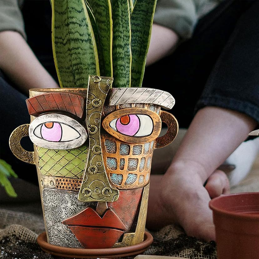 Picasso Brutalist Abstract Face Planters Pots Head, Unique Abstract Flower Pot, Funny Planters Decoration Flower Resin Face Flower Pot for Indoor and Outdoor Plants Colorful Funny Room Decor (Retro) image number 5