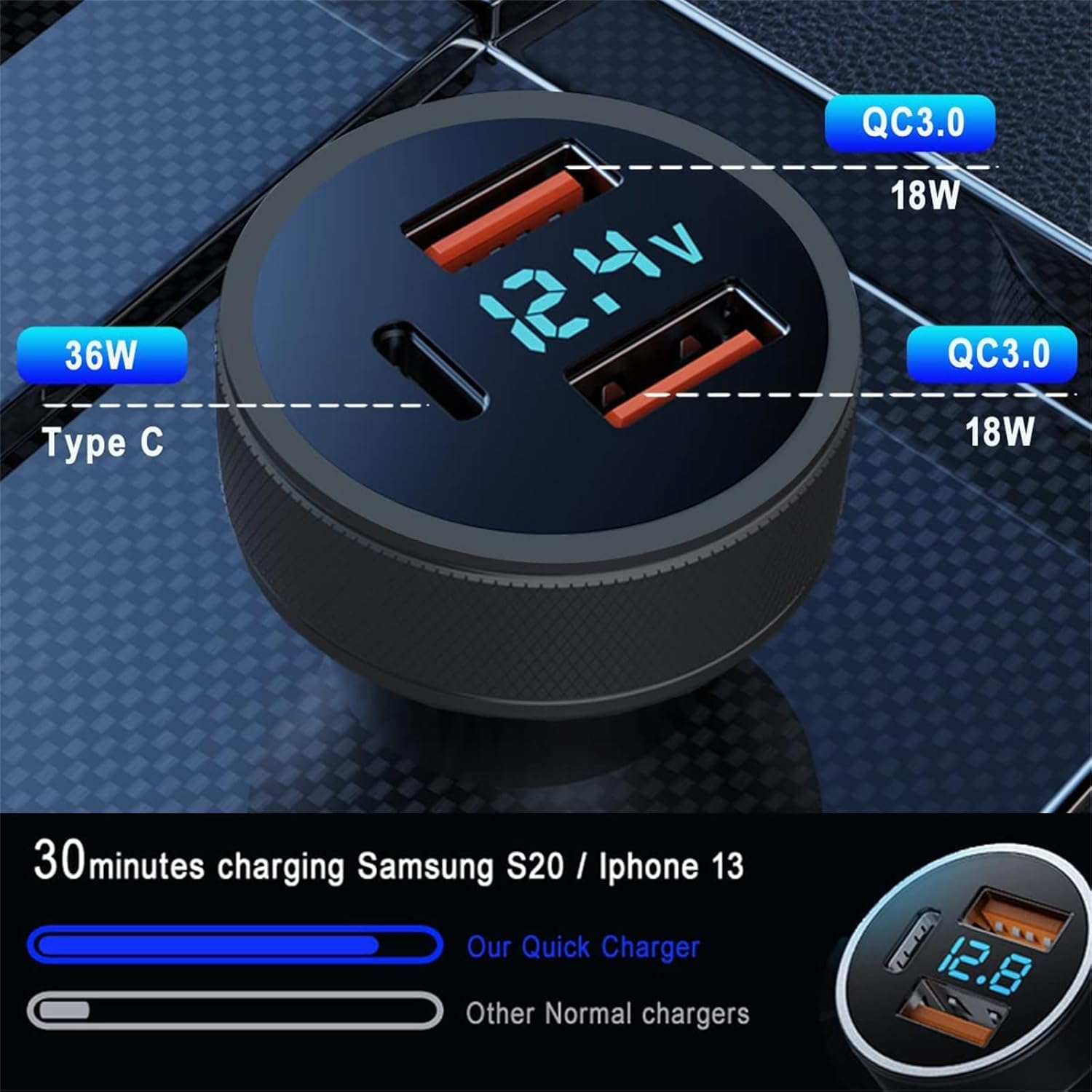 USB C Car Charger 72W PD3.0 Dual QC 3.0 3 Port USB Fast Charging Adapter, Mini Metal USB Cigarette Lighter with LED Digital Voltmeter for Iphone 11/12/13/14, Ipad Pro, Samsung S22/S21 image number 1