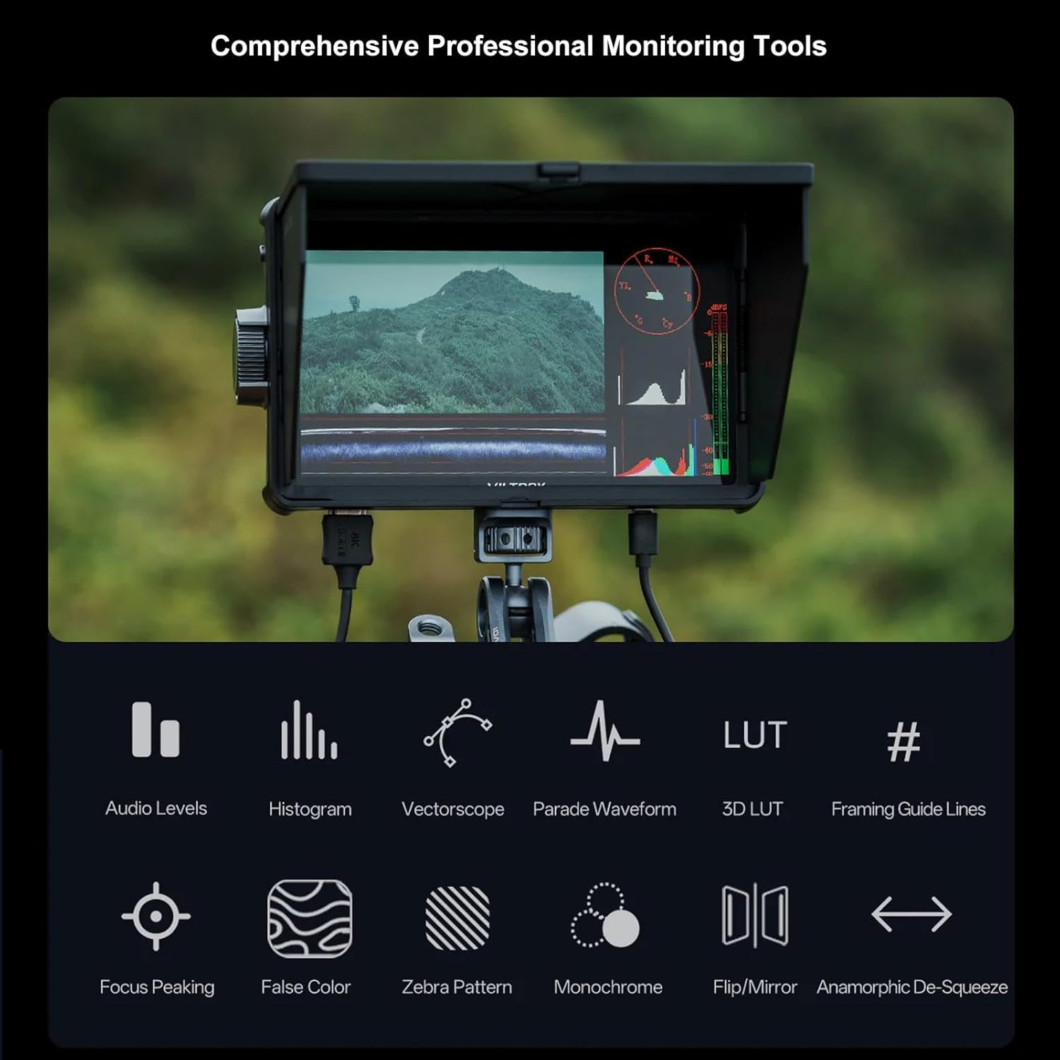 VILTROX DC-A1 with Battery Kit,7" 2800Nit Ultra-Bright Touchscreen Camera Field Monitor, 4K HDMI Input/Output, 1920X1080 FHD, DSLR External Monitor with Cooling Fan, Sunshade Hood,3D LUT image number 5