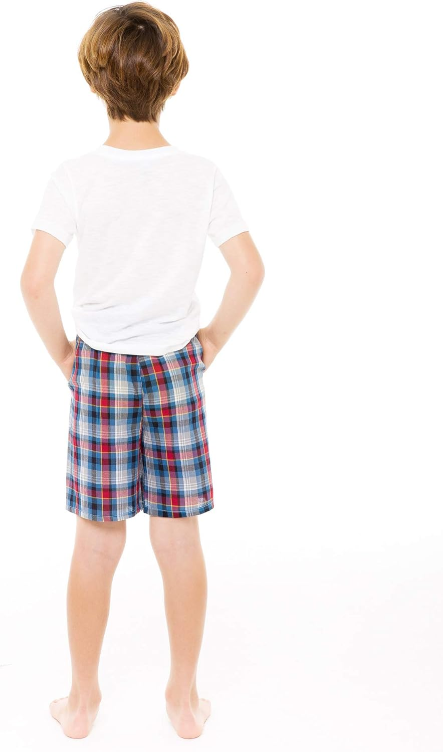 Kids Boys Woven Plaid Check Cotton Soft Lightweight Long Shorts Drawstring Pants with Pocket image number 4