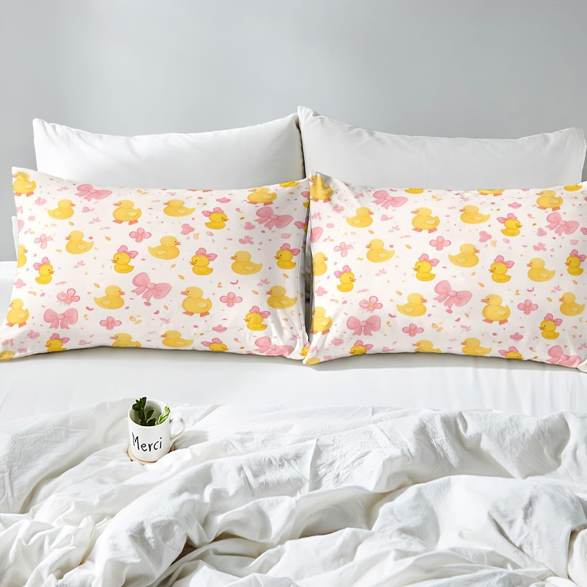 Homewish Cute Yellow Cartoon Duck Bedding Set 135 X 200 Cm Pink Bowknot Duvet Cover for Children Girls Bow Tie Comforter Cover, Floral Butterfly Knot Bed Set with 1 Pillowcase, Yellow Pink image number 2