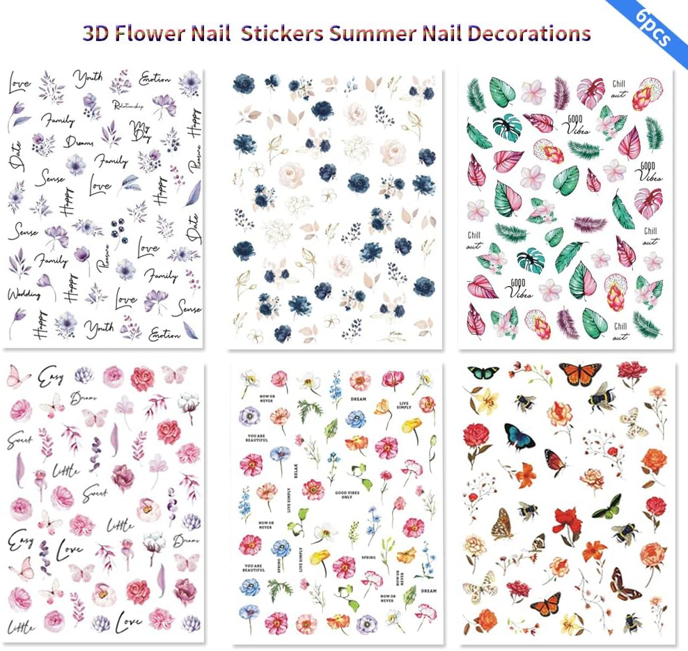 Flower Nail Art Stickers Decals, Watercolor Royalblue White Flowers 3D Nail Stickers 6PCS Butterfly Floral Leaves Nail Decals for Acrylic Nails Summer Nail Art Decorations Supplies Manicure Decor Tips