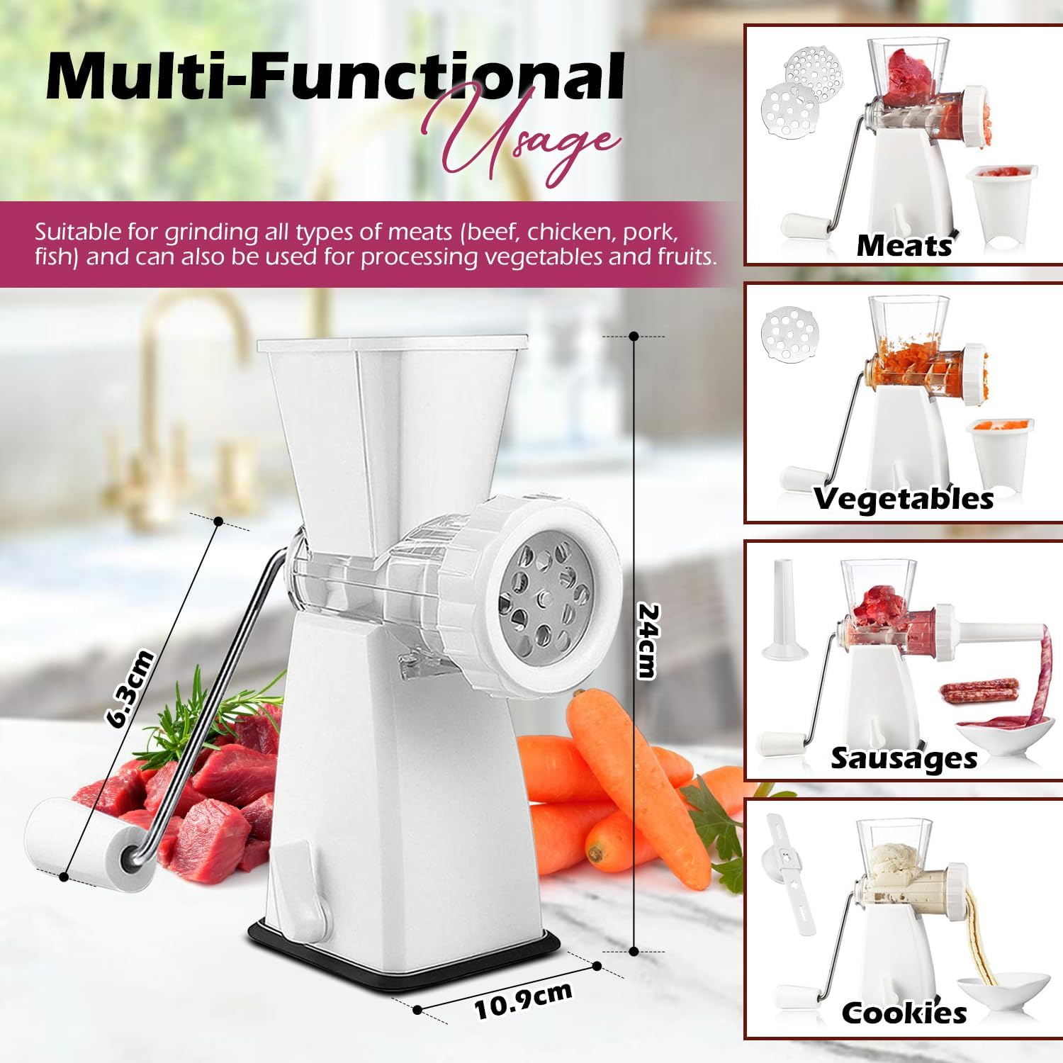 Manual Meat Grinder with Heavy Duty Suction Base &ndash; Stainless Steel Blades 2 Cutting Plates Sausage Stuffer Tube Cookie Dough Shaper & Pusher 3-In-1 Multifunctional Food Mincer for Meat Veggies Baking image number 3