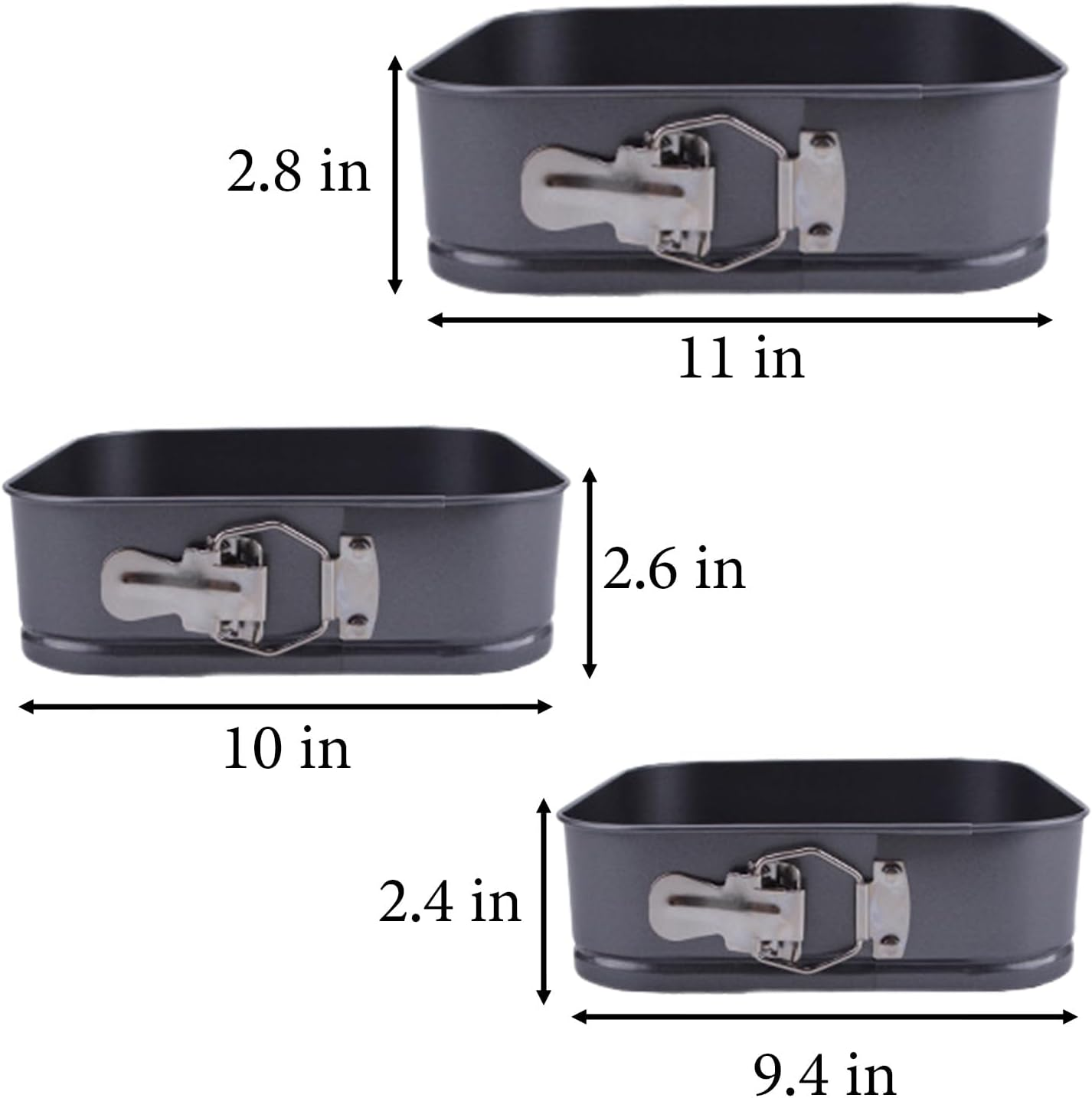 3 Pcs Square Cake Pan,Cheesecake Baking Pan Metal Square/Rectangle Cake Lock Making Pan with Removable Loose Base,Non Stick Carbon Steel(9.5/10/11 Inch)