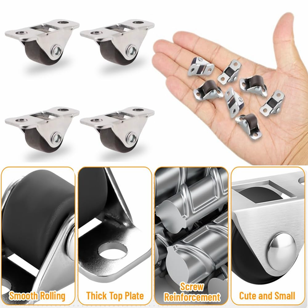 Kastetards 8 Pcs Mini Caster Wheels, Small Fixed Caster Wheels with Screws,Low Profile Single Direction Tiny Wheels for Furniture Small Appliances Cart Drawer Storage Box & Bins