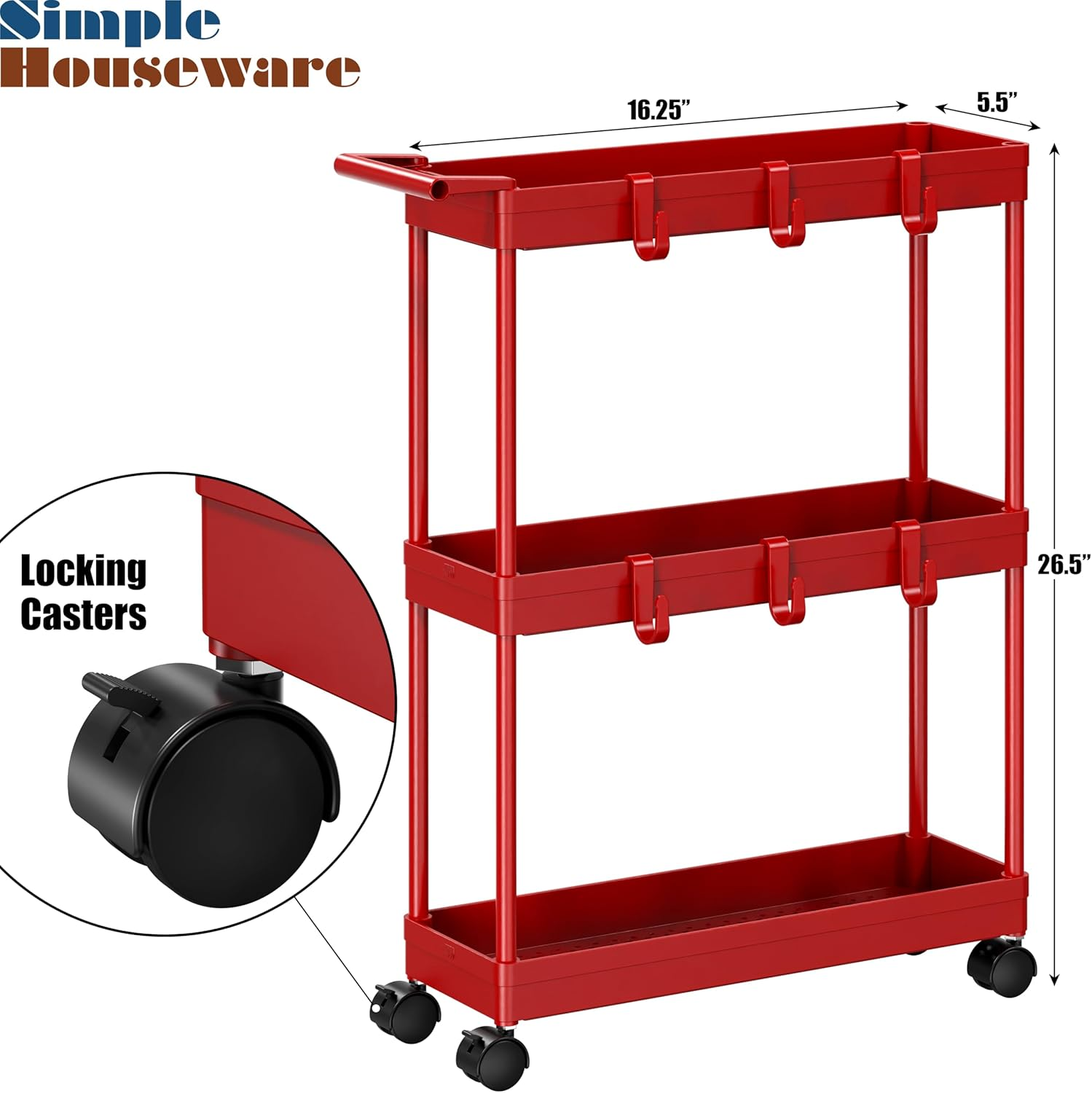 Simplehouseware 3-Tier Slim Rolling Cart with Handle and Hooks for Kitchen and Bathroom Trolley, Red image number 4