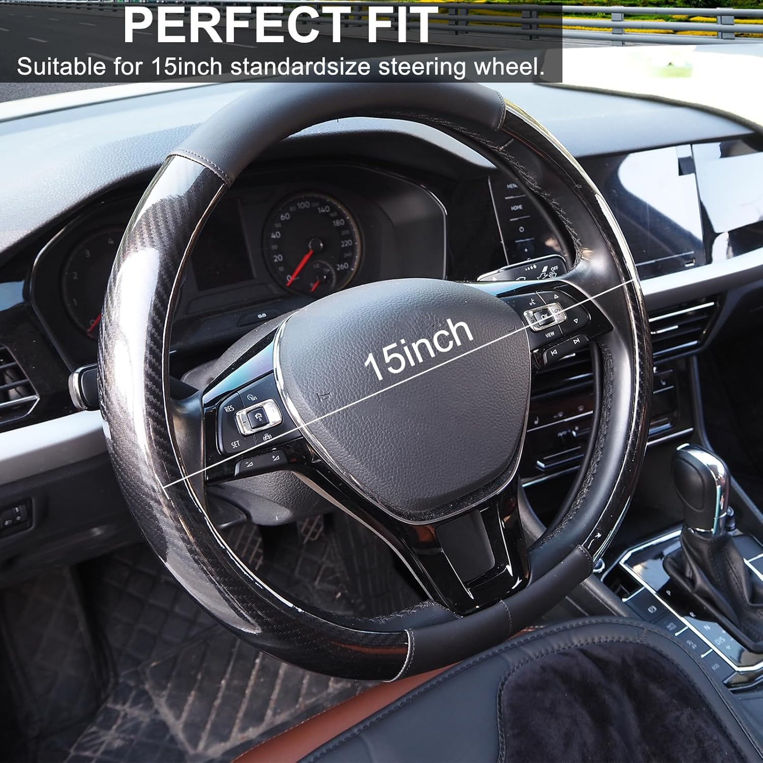 Nappa Leather Car Steering Wheel Cover, anti Slip, Thin, Breathable, Odor-Free, Universal 14.5-15 Inches Fit, Car Steering Wheel Cover Full Surround Aeecssories (Black C-Nappa Leather) image number 3