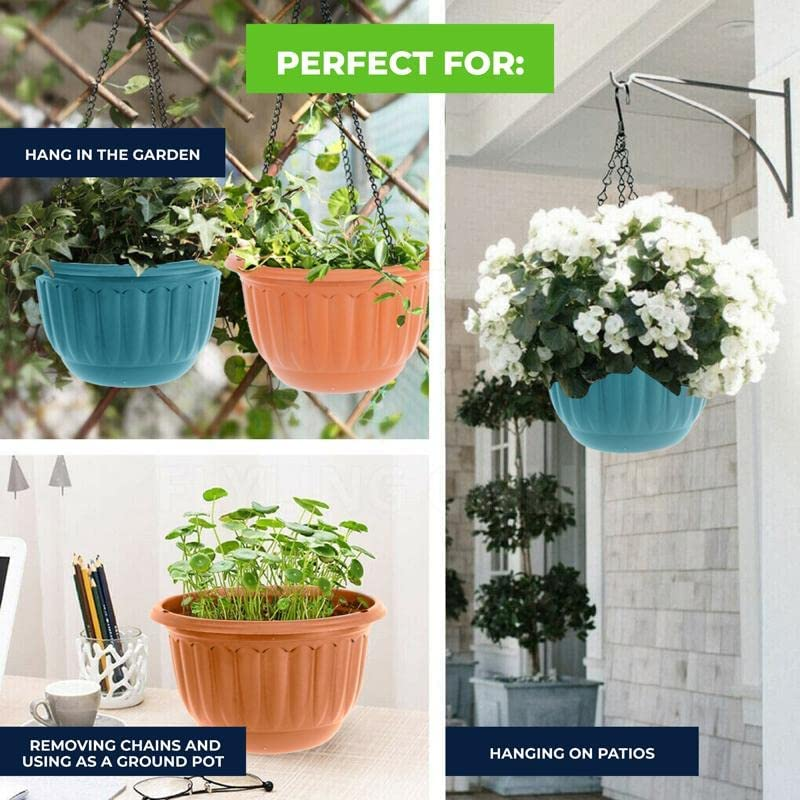 [4PCE] Garden Greens Hanging Planter Pots, Made from Premium Quality Plastic, Lightweight, Sturdy and Durable, Stylish and Economical, Strong Metal Hanging Hook, Sturdy Removable Metal Chain