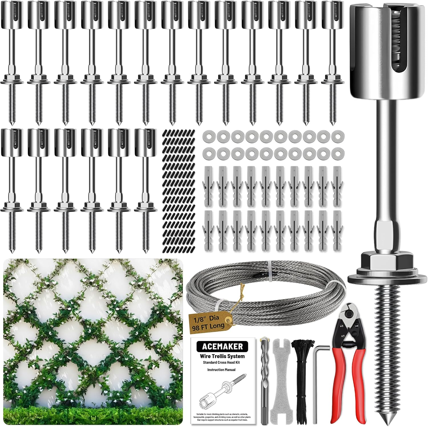 Wire Trellis for Climbing Plants Outdoor, 20-Set Wall Wire Trellis Kit with 1/8In X 98Ft Stainless Steel Cable, T316 Cylindrical Espalier System for Fence and Garden DIY Projects