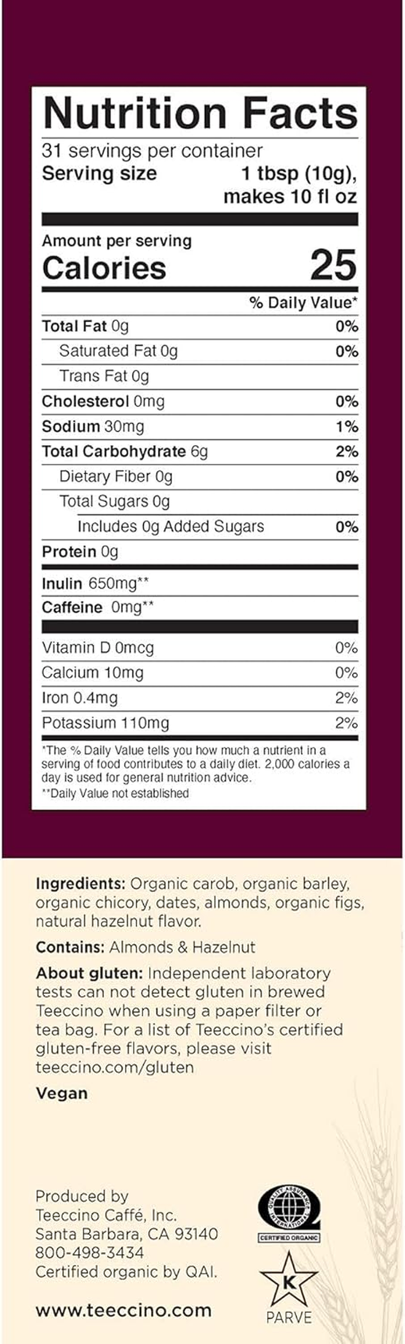 Teeccino All Purpose Grind Hazelnut Medium Roast Chicory Herbal Coffee 312 G image number 3