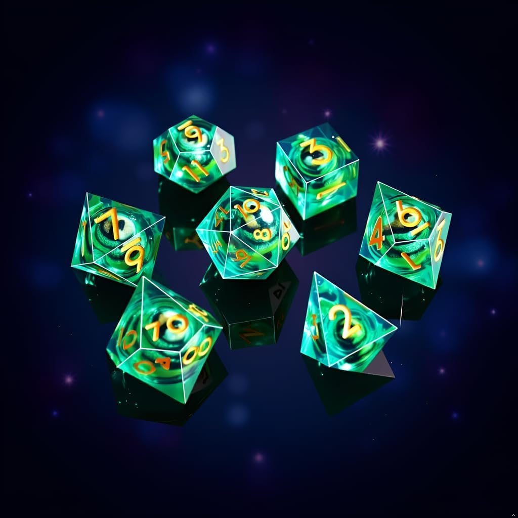 Byhoo DND Rotating Eye of the Dragon Dice Set,7 PCS Transparent Green Polyhedral Dice with Eye of the Dragon,D&D Dice Set for Tabletop RPG Board Games, D&D Enthusiast Dice Gift