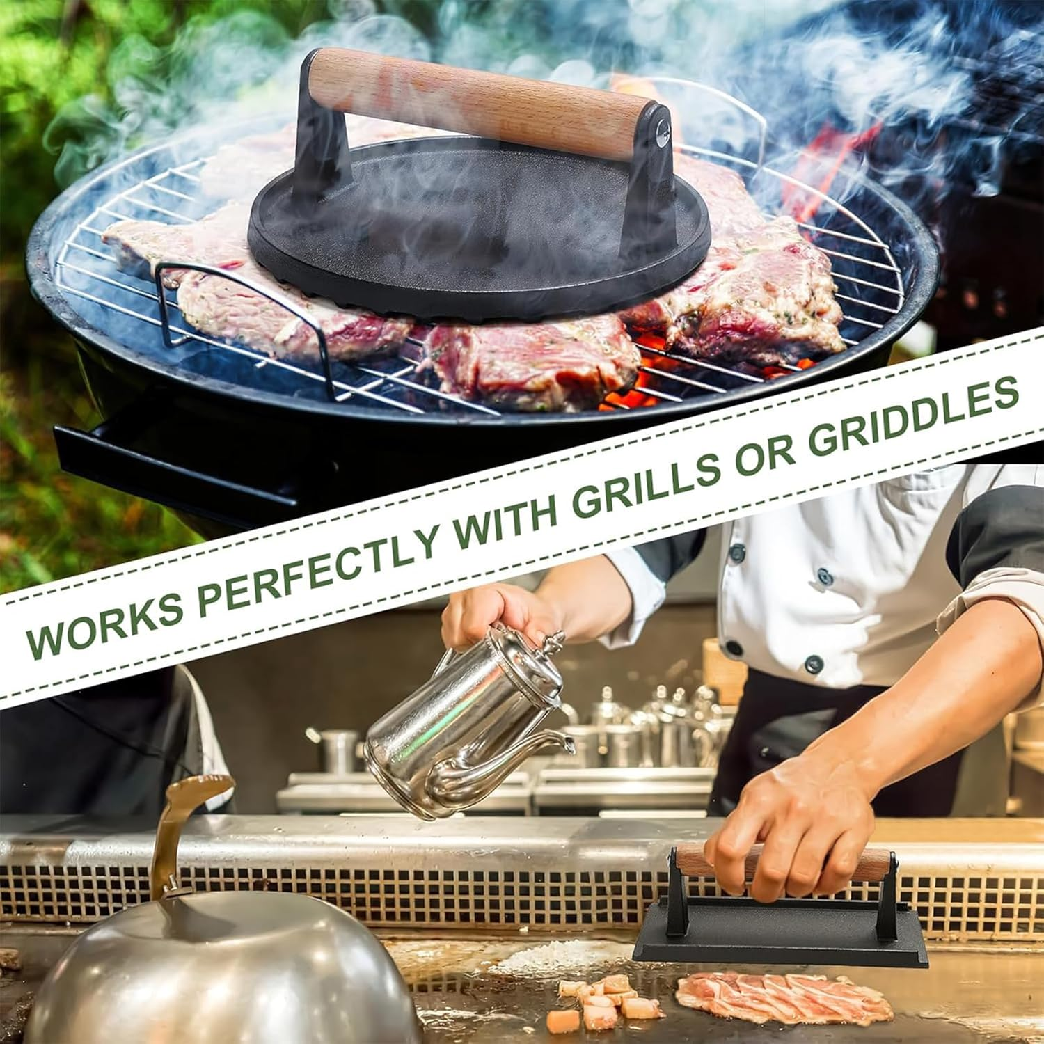 Burger Press, 17.8Cm round & 21Cmx11Cm Rectangle Heavy-Duty Cast Iron Smash Bacon Press, Heat Proof Wooden Handle Bacon Meat Grill Press for Griddle, Nonstick Pan, BBQ, Flat, Teppanyaki image number 2