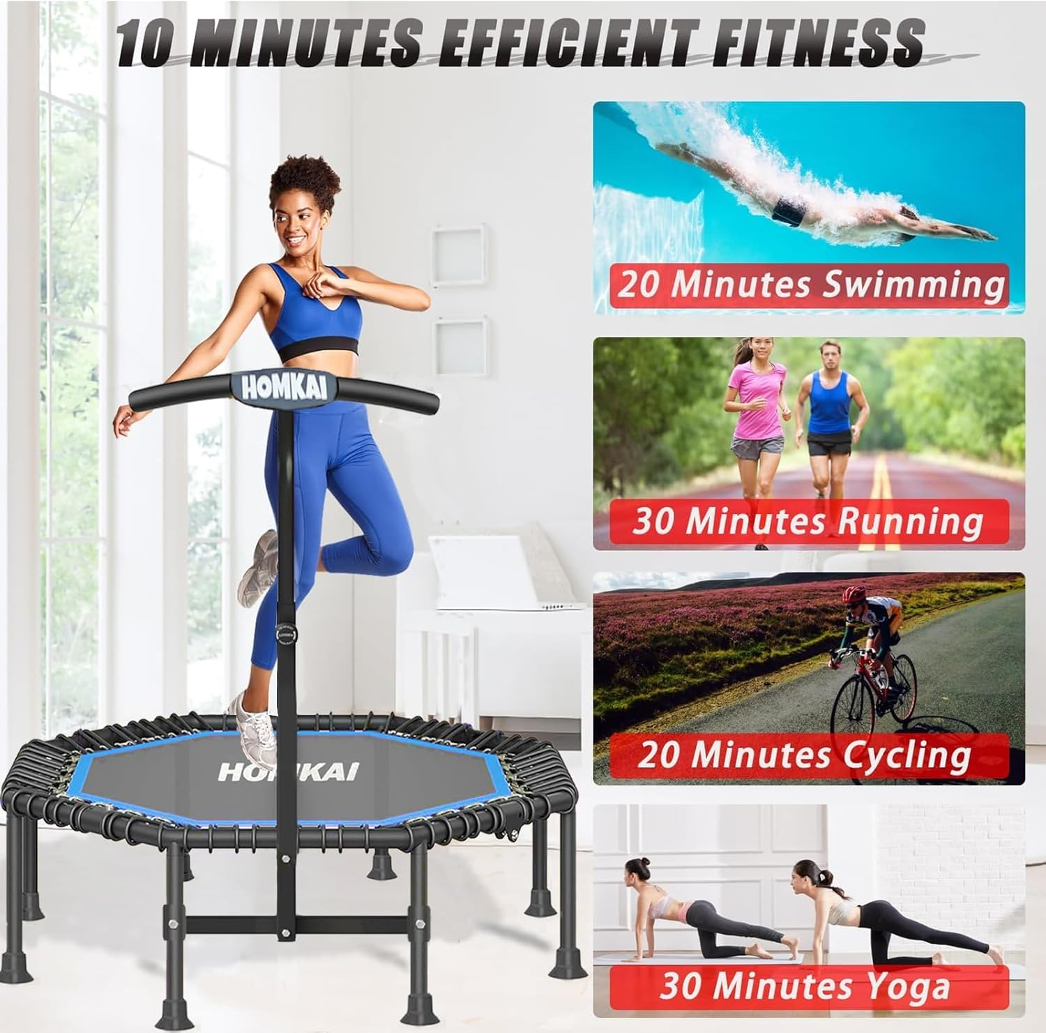 HOMKAI 51" Foldable Mini Trampoline Rebounder, Fitness Trampolines, T Shape Adjustable Foam Handle, Stable & Quiet Exercise Rebounder for Kids Adults Indoor Outdoor Workout image number 4