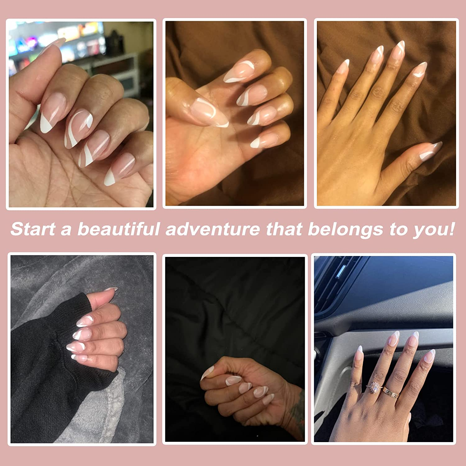 24-PCS French Tip Almond Press on Nails Medium Fake Nails White Line Coffin Press on Fake Nails Glossy False Nails Full Cover Acrylic Nails for Women & Girl image number 2