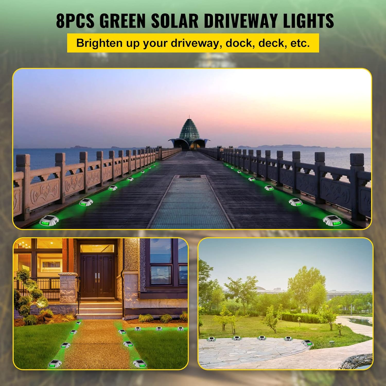 Happybuy Driveway Lights 8-Pack, Solar Driveway Lights with Switch Button, Solar Deck Lights, Wireless Dock Lights 6 Leds for Path Warning Garden Walkway Sidewalk Steps, LED Bright Green image number 2