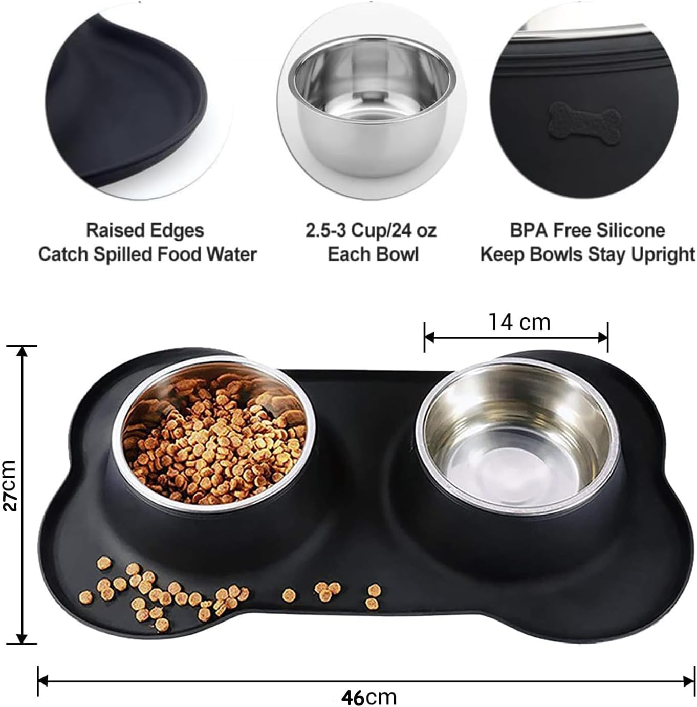 Mumoo Bear Dog Cat Bowls for Food and Water, Upgrade Cat Food Bowls for Indoor Cats, Premium Removable Stainless Steel Double Bowls with Silicone Anti-Slip Pads, Water Bowl for Cats and Dog -Black - Grey image number 7