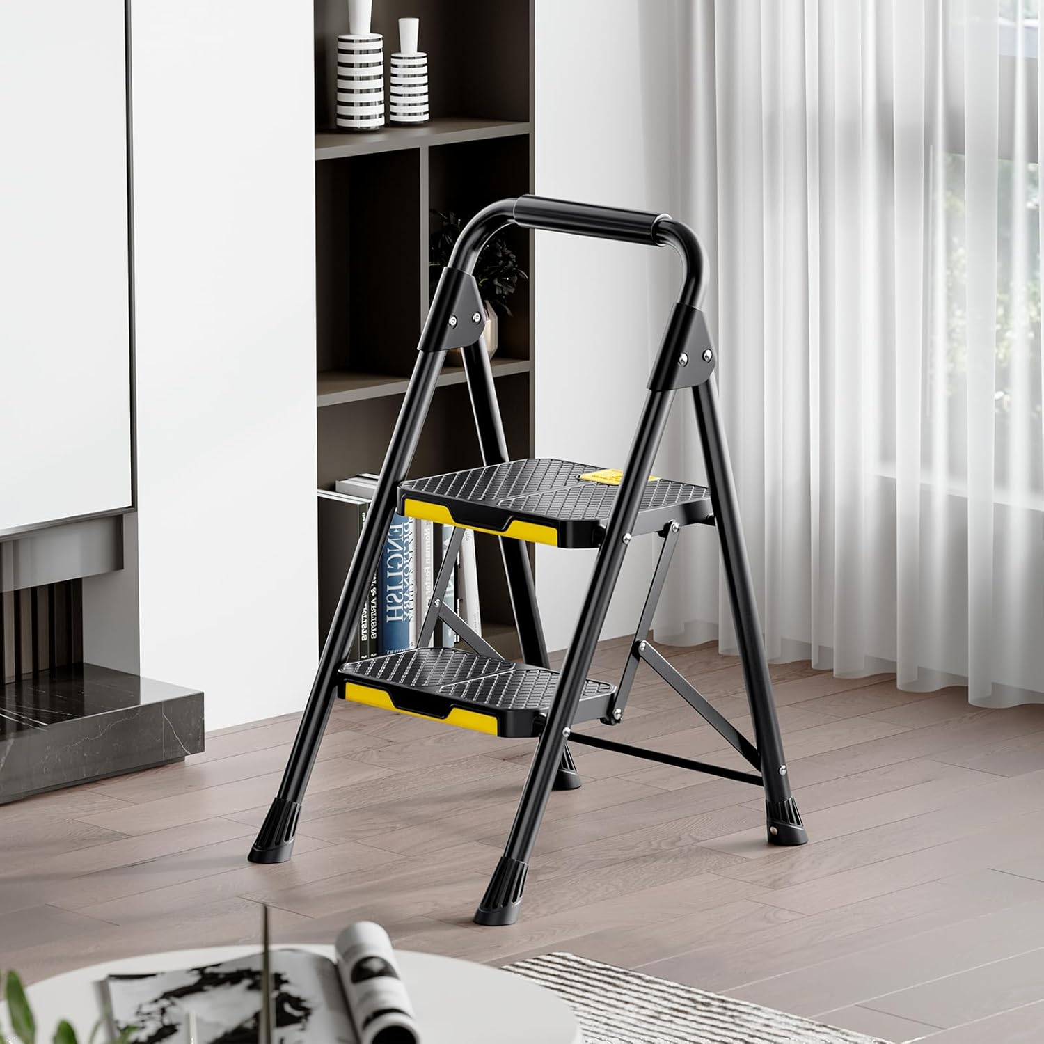 KINGRACK 2 Step Ladder, Sturdy Steel Folding Step Stool with Safe-Lock Design, Handrail, Anti-Slip Wide Pedals, Pass 150 KG Load Testing, Portable Stepladder for Multi-Purpose, Home, Kitchen, Black image number 1