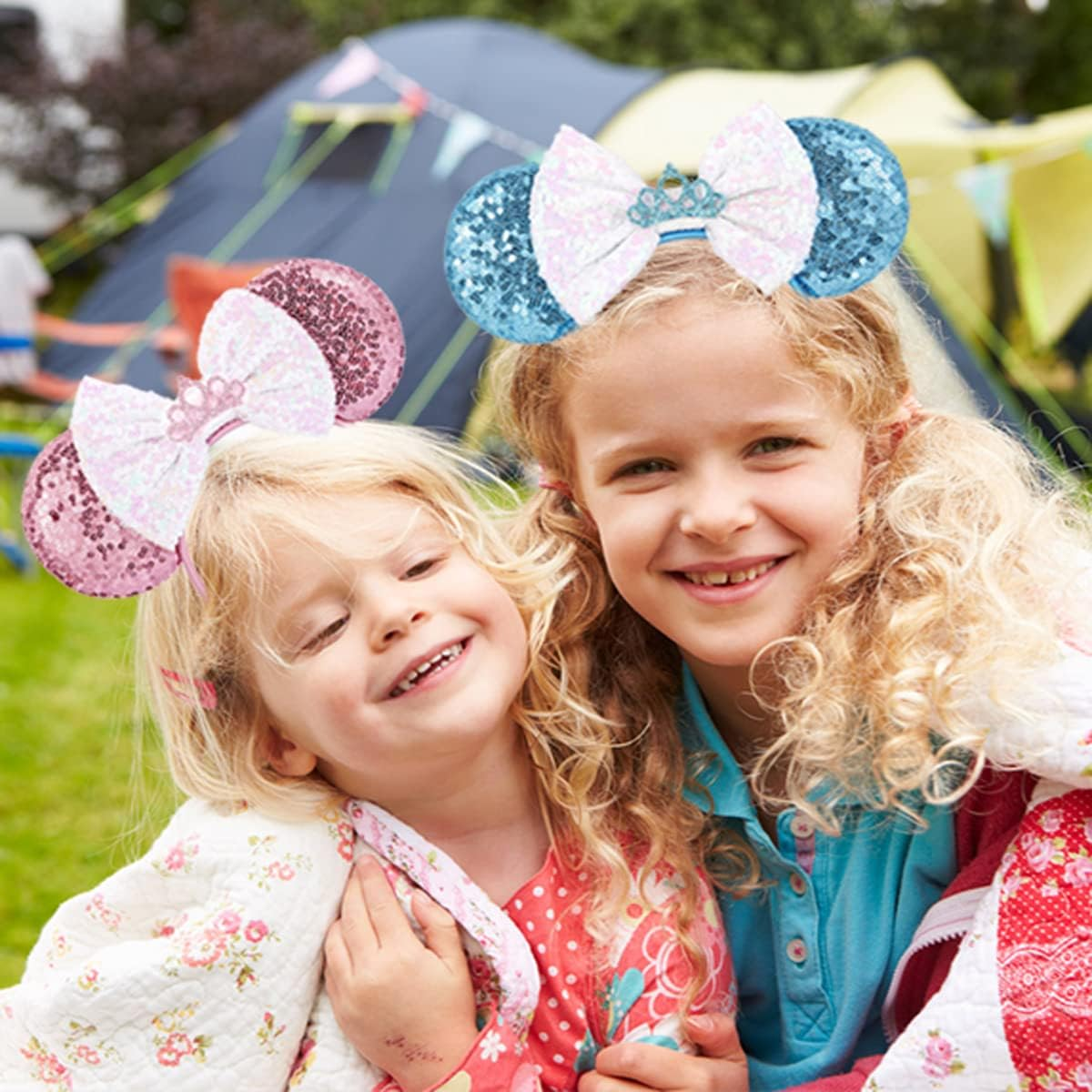 2 PCS Sequin Mouse Ears Bow Headbands for Kids Girls Women, Glitter Party Princess Decoration Cosplay Birthday Christmas Party (Blue+Pink)