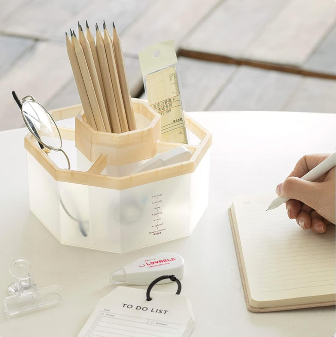 Desk Organizer, 360-Degree Rotating Multi-Functional Pen Holder, 5 Compartments Desktop Stationary Home Office Art Supply Storage Box Caddy ,Transparent Khaki TB2659 - Pink image number 3