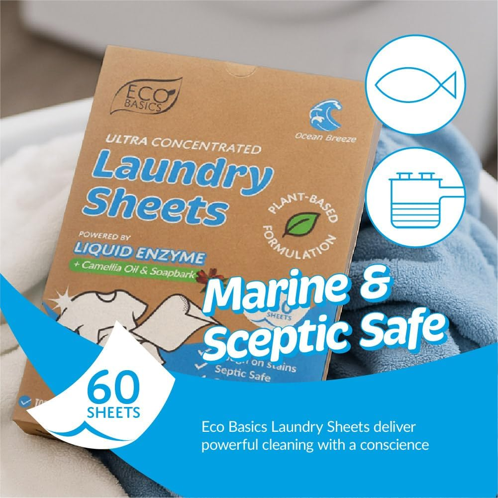 Eco Basics Ultra Concentrated Laundry Detergent Sheets - Ocean Breeze (60 Sheets) Plant-Based Liquid Enzyme, Sensitive Skin Safe &ndash; Plastic-Free, Septic Safe, Tough on Stain image number 1