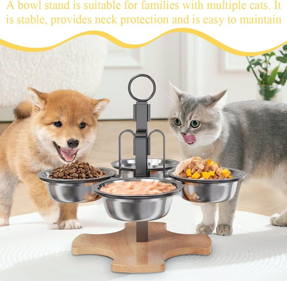 Elevated Cat Bowls,Raised Pets Food Bowls,Adjustable Pet Bowls, with Stand,Bamboo Base and 4 Stainless Steel Bowls,For Indoor Cats, Puppy Small Dogs Food and Water image number 3