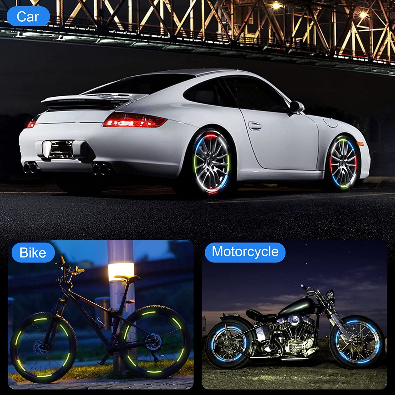 OIIKI 80PCS Reflective Car Wheel Rim Stickers, Wheel Adhesive Strips Stickers, Fluorescent Reflective Exterior Accessories Decorative Decals Tape for Car, Motocycle, Bicycle-Green, White, Blue, Red