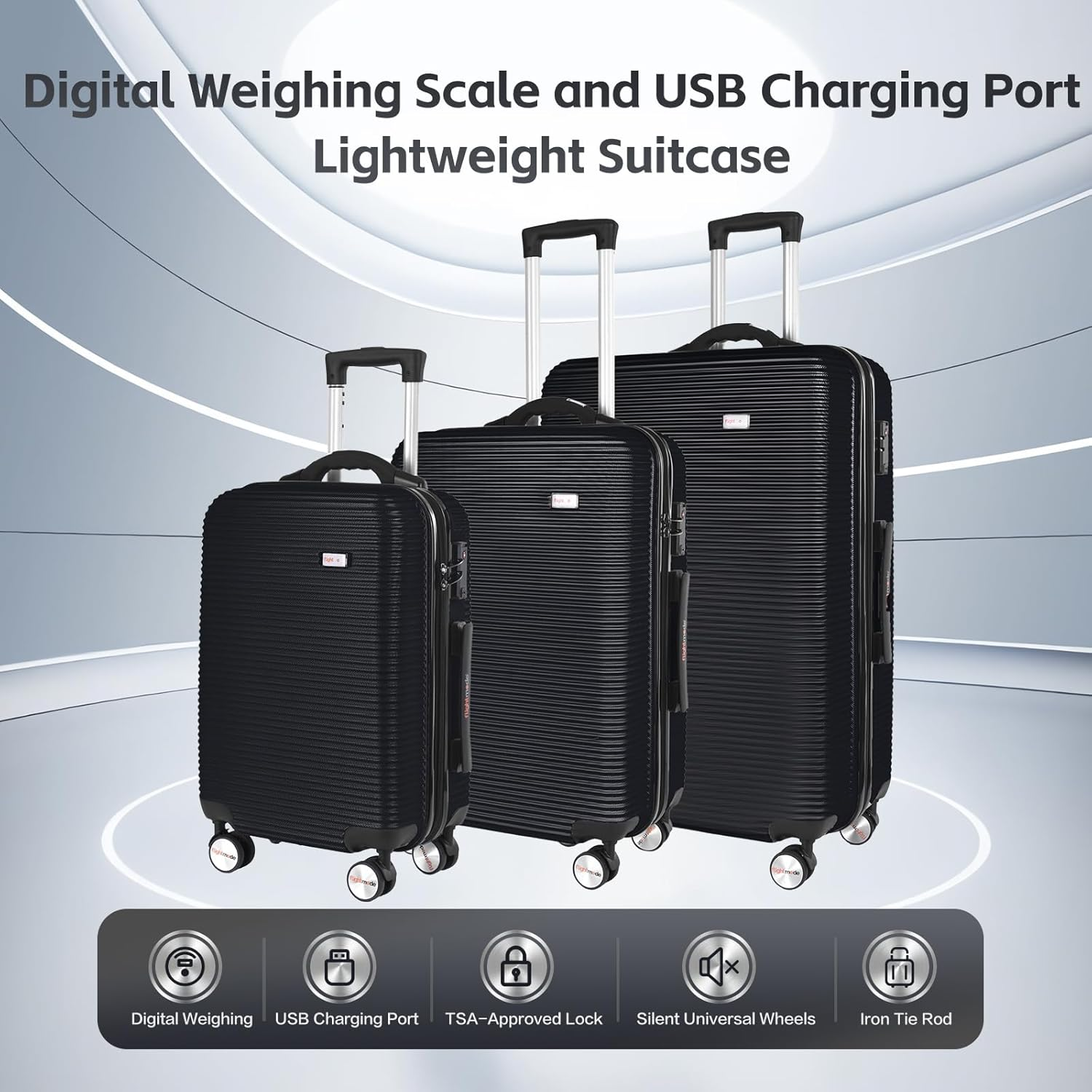 Lightweight Luggage Suitcase with Digital Weighing Scale & USB Charging Port - Tsa-Approved Travel Bag with Silent Wheels & Durable Iron Tie Rod Black (3 Size Set) - Silver image number 7