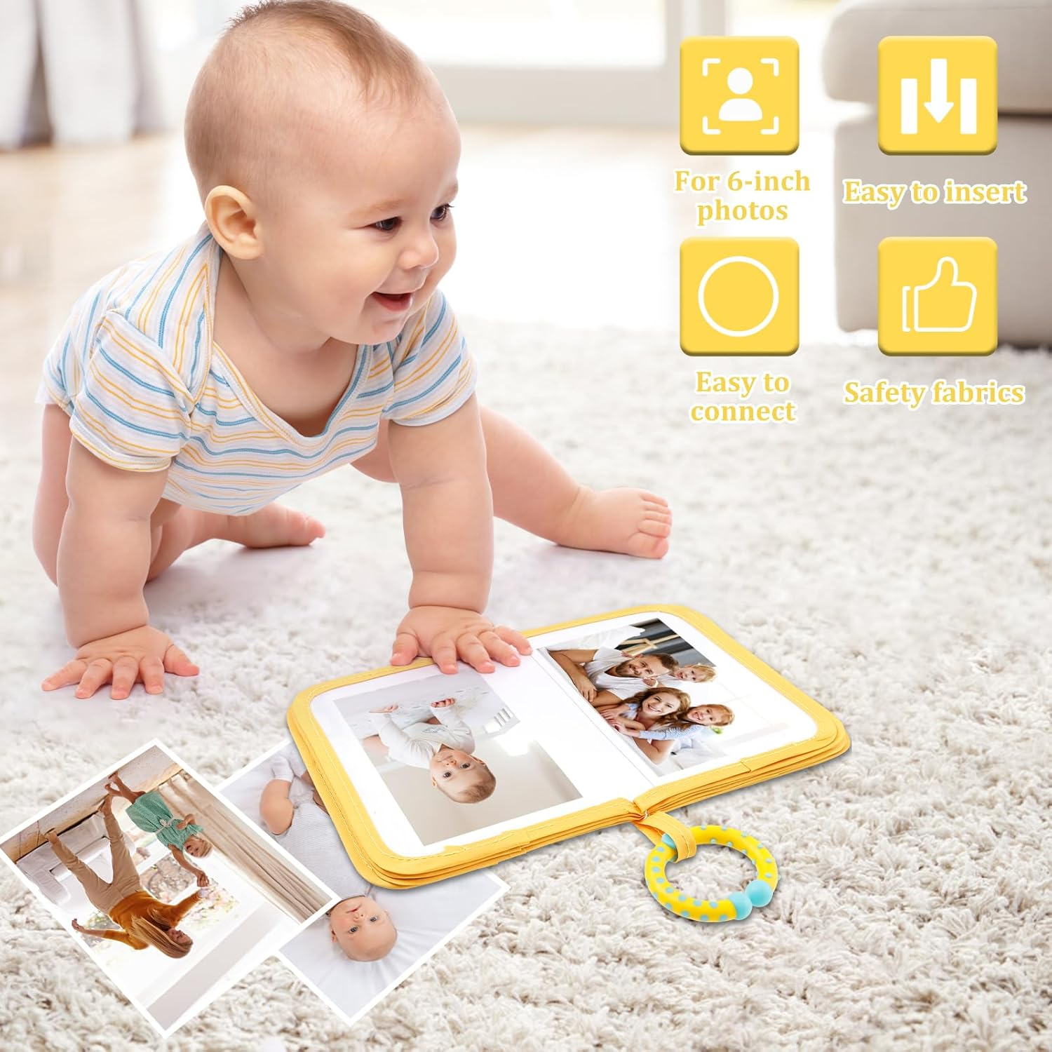 Cute Decorative Baby Photo Album - Soft Toddler Photo Book with Safety Mirror & Hook Closure | Adorable Newborn Memory Keepsake image number 5