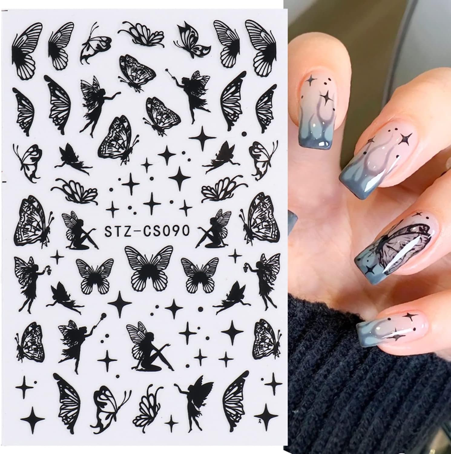 Black Nail Art Stickers, Flowers Butterfly Moon Stars Flame Wave Line Nail Art Decals, Holographic 3D Self-Adhesive Nail Sticker Design for Women Manicure Charms Decorations, DIY Resin Transfer Decal
