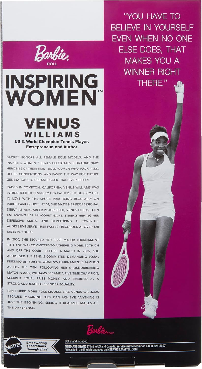 Barbie Inspiring Women Series, Venus Williams Fashion Doll with Signature Tennis Uniform and Racket, Includes Displayable Packaging image number 4