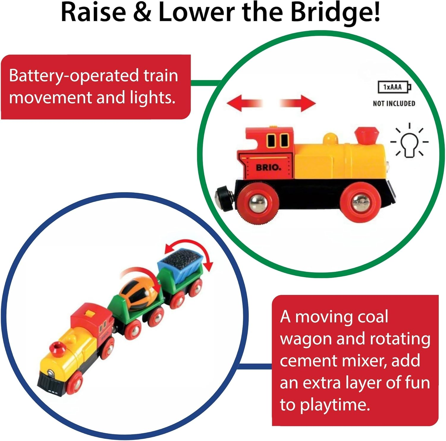 BRIO World 33319 Battery Operated Action Train &ndash; Wooden Train Engine with Motorised Movement, Compatible with BRIO Railway Sets for Kids 3+ Years