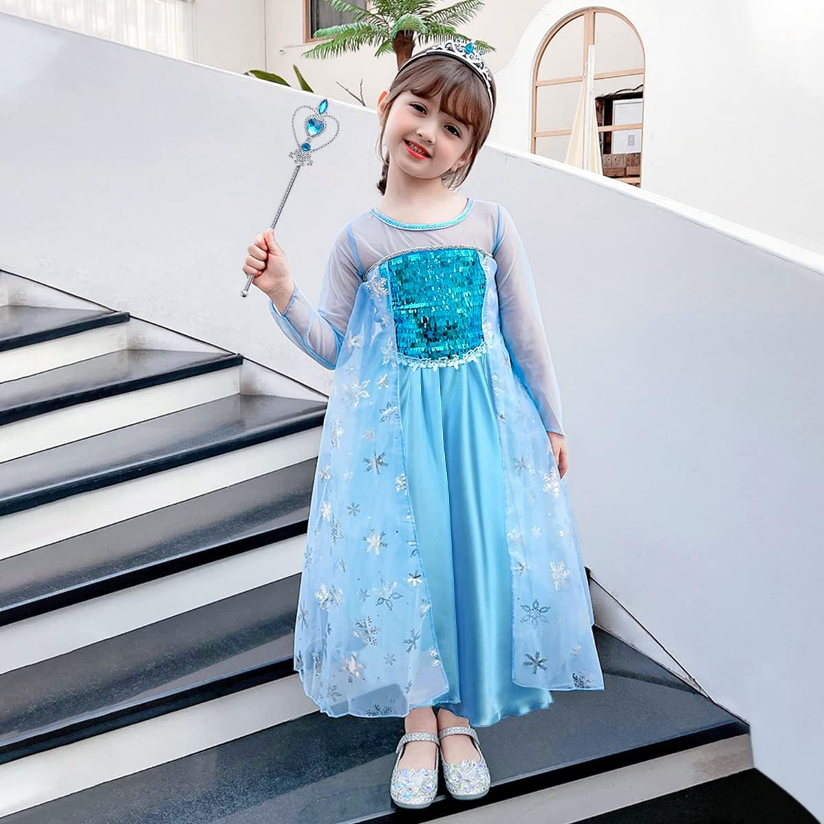 URAQT Elsa Costume Children'S Girls, 9-Piece Set Elsa Dress Children with Crown Tiara Gloves Magic Wand for Christmas Fancy Dress Carnival Halloween Birthday Party (130) image number 4