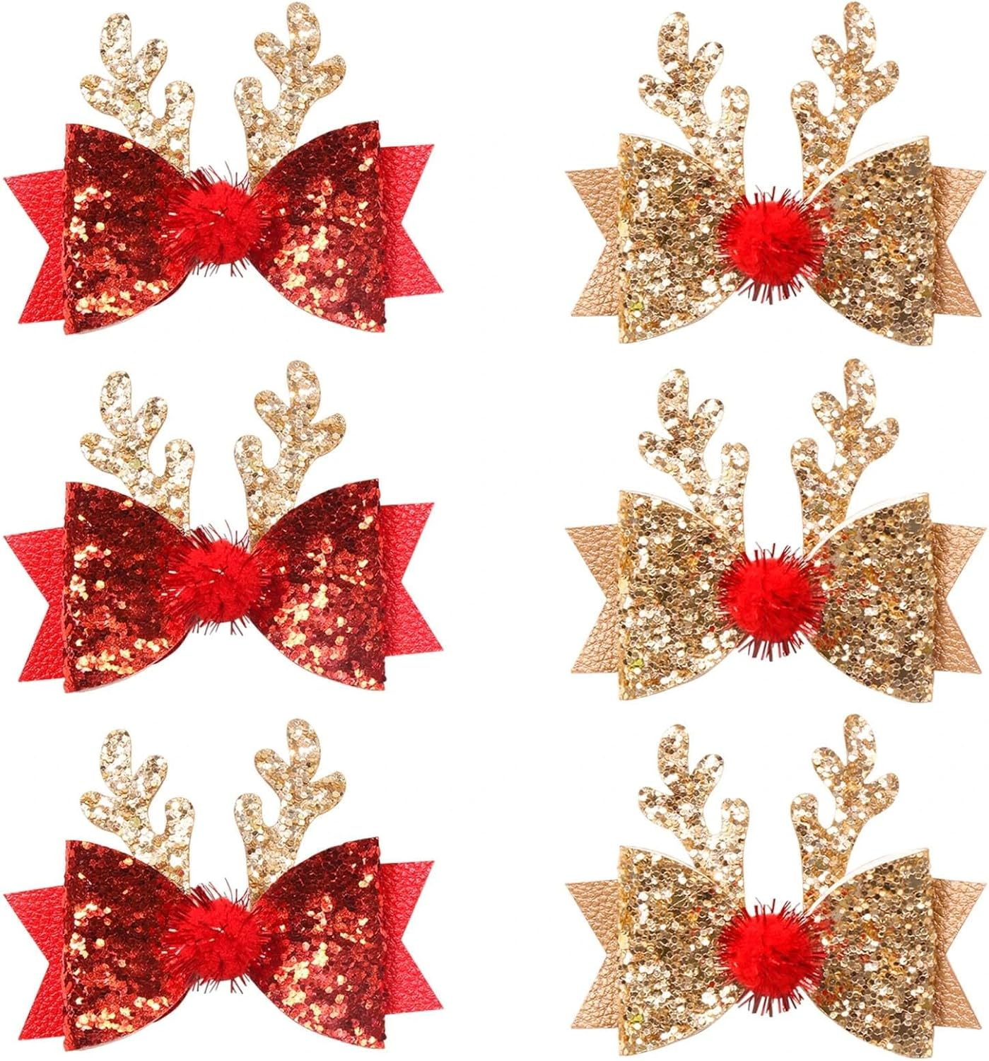 Dinghaole 6Pcs Christmas Hair Accessory Set - Bow Hair Clip, Christmas Reindeer Antler Headband, Suitable for Holiday Parties and Holiday Styles (Red and Gold)