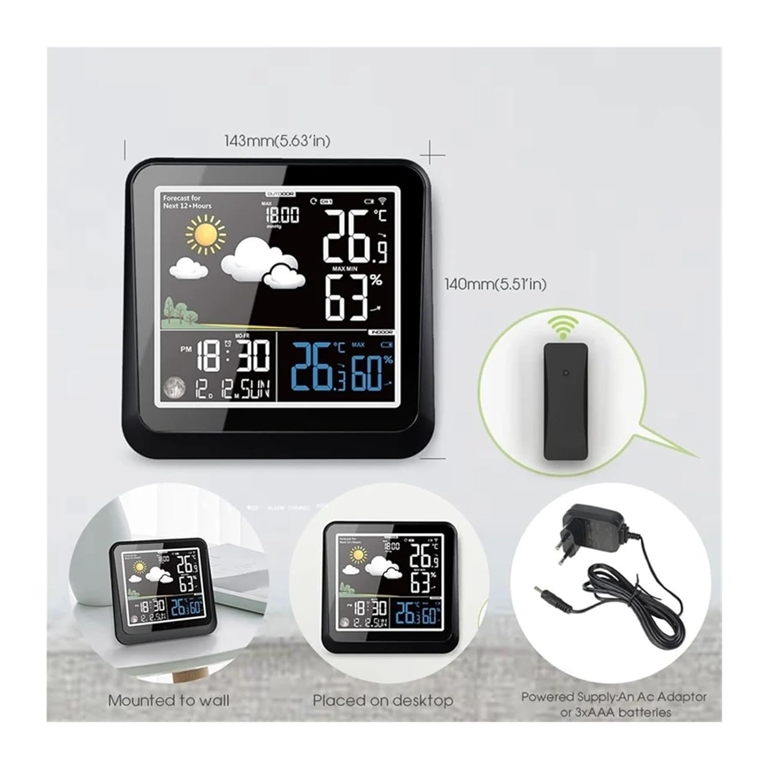 Smart Weather Station Color LCD Wireless Thermometer Hygrometer Moon Phase Forecast Trend Sensor Wall Clock White Backlight 3CH image number 1