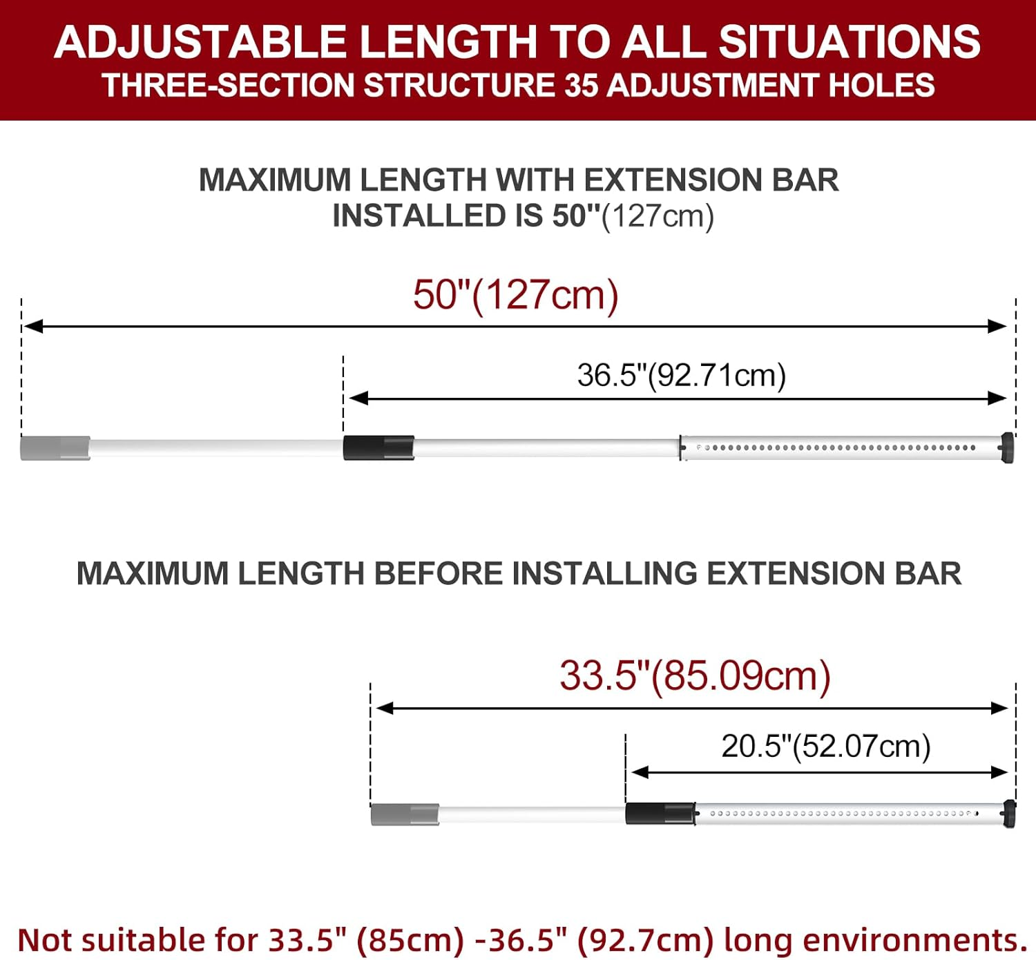 Acemining Sliding Door Security Bar,Heavy Duty Sliding Patio Door Lock Bar, 20-50Inch Adjustable Multi-Use Window Security Bars, Sliding Door Stopper,White,1Pack