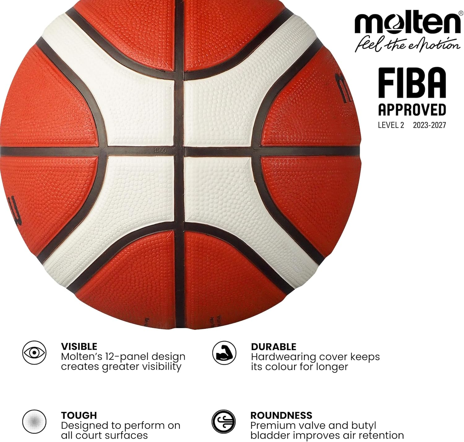 Molten BG2010 Deep Seams Premium Rubber Basketball, FIBA Approved, Indoor/Outdoor Play, Orange/Ivory image number 3