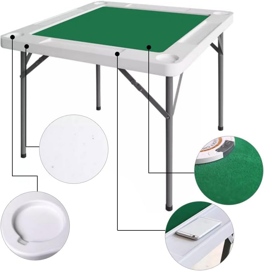 MINYII Mahjong Table with Adults, 35&rdquo; Square Folding Card Table W/Wear Resistant PVC Desktop, 4 Cup Holders & 4 Chip Grooves, Foldable Mahjong Table for Adults Table Games, Domino Game, Camping