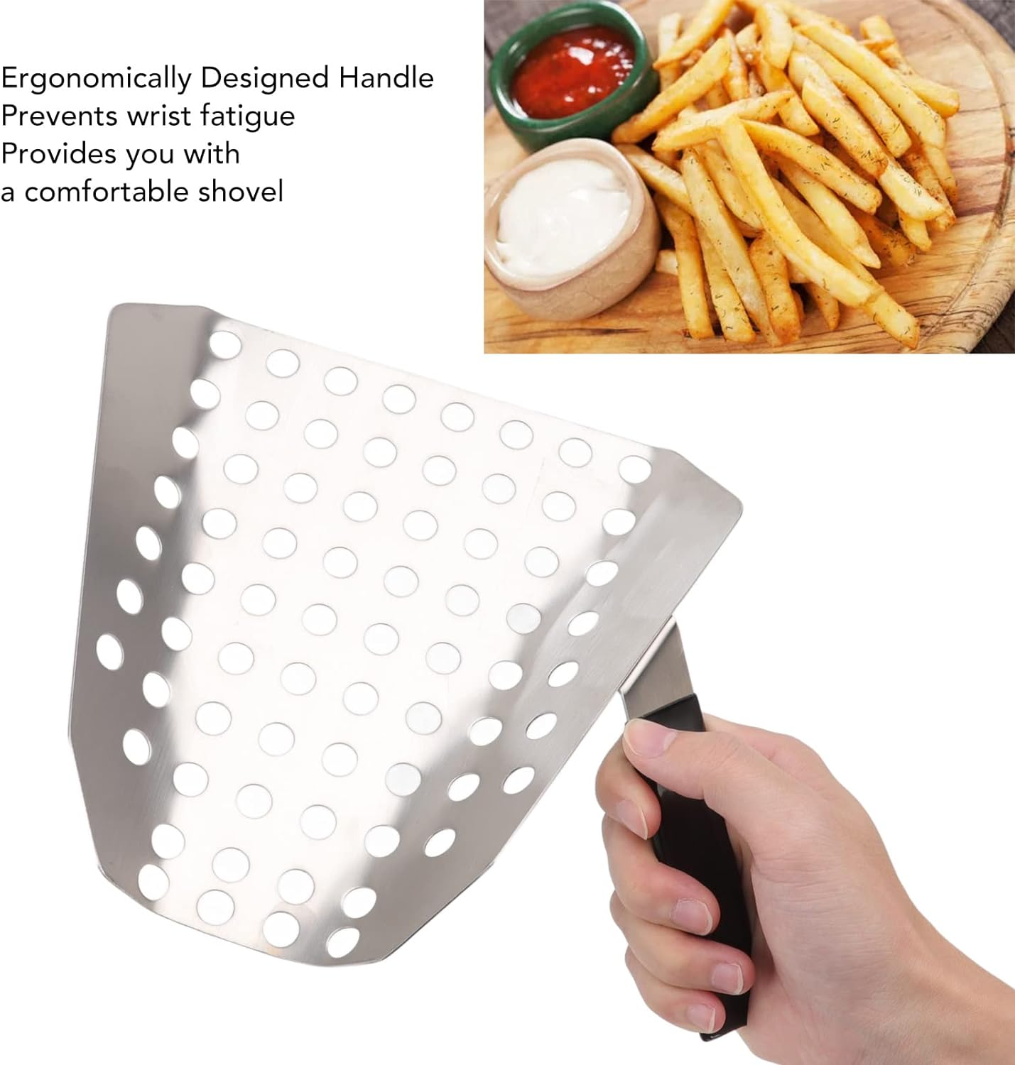 Popcorn Scoop, Stainless Steel French Fry Scooper Scoop with Holes, Quick Fill Tool for Bags & Boxes, Commercial Fry Bagger Scooper for French Fries, Snacks, Ice, Right Handle image number 4