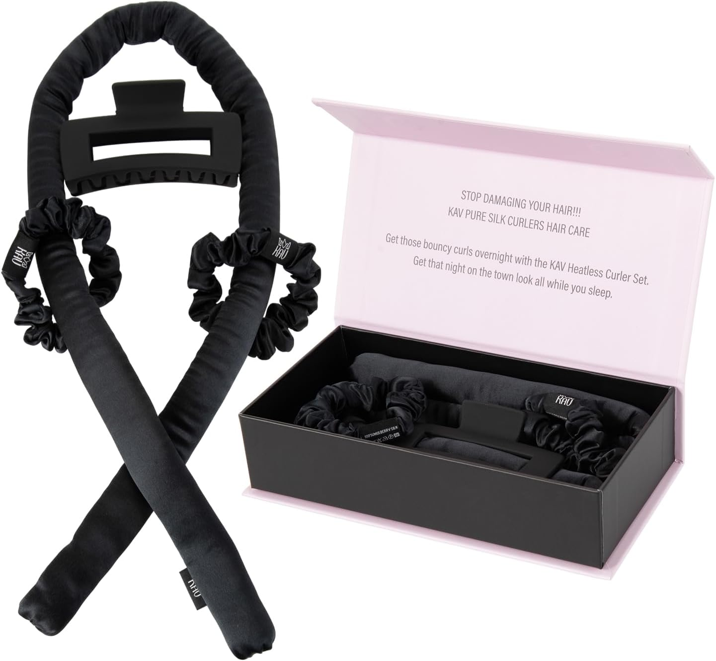 KAV Heatless Hair Curler, Mulberry Silk Overnight Hair Curl Set, No Heat Curling Rod Giftset, Premium Salon Quality Rollers to Sleep In, Heat Less Curls Set with Clip and Scrunchies