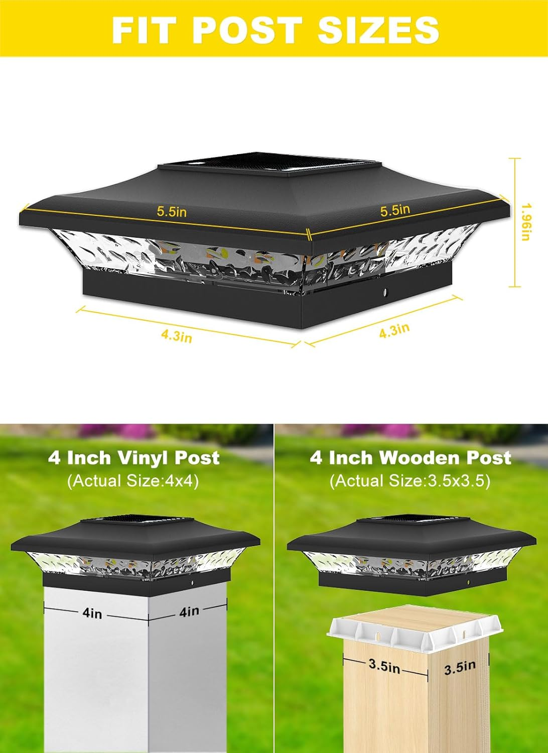 T-SUN Solar Post Cap Lights 6 Pack for 4X4 Vinyl/Wooden Posts, Waterproof Outdoor Warm/Cool White（3000K/6000K） Solar Powered Deck/Garden/Patio Lighting image number 6