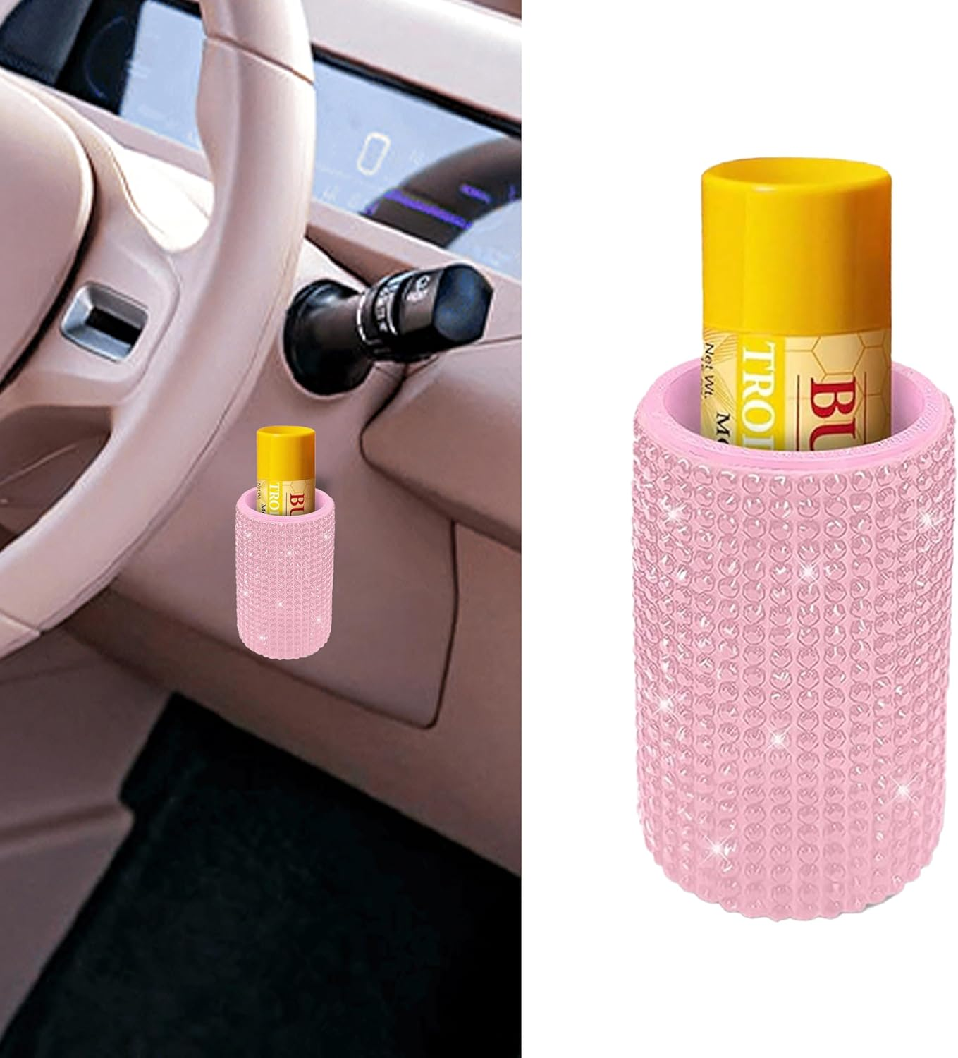 1 Pack Upright Car Chapstick Holder, Bling Lip Balm Holder,Rhinestone Car Interior Accessories for Women ,Suitable for Most Vehicles (Pink) - Leopard Print image number 6