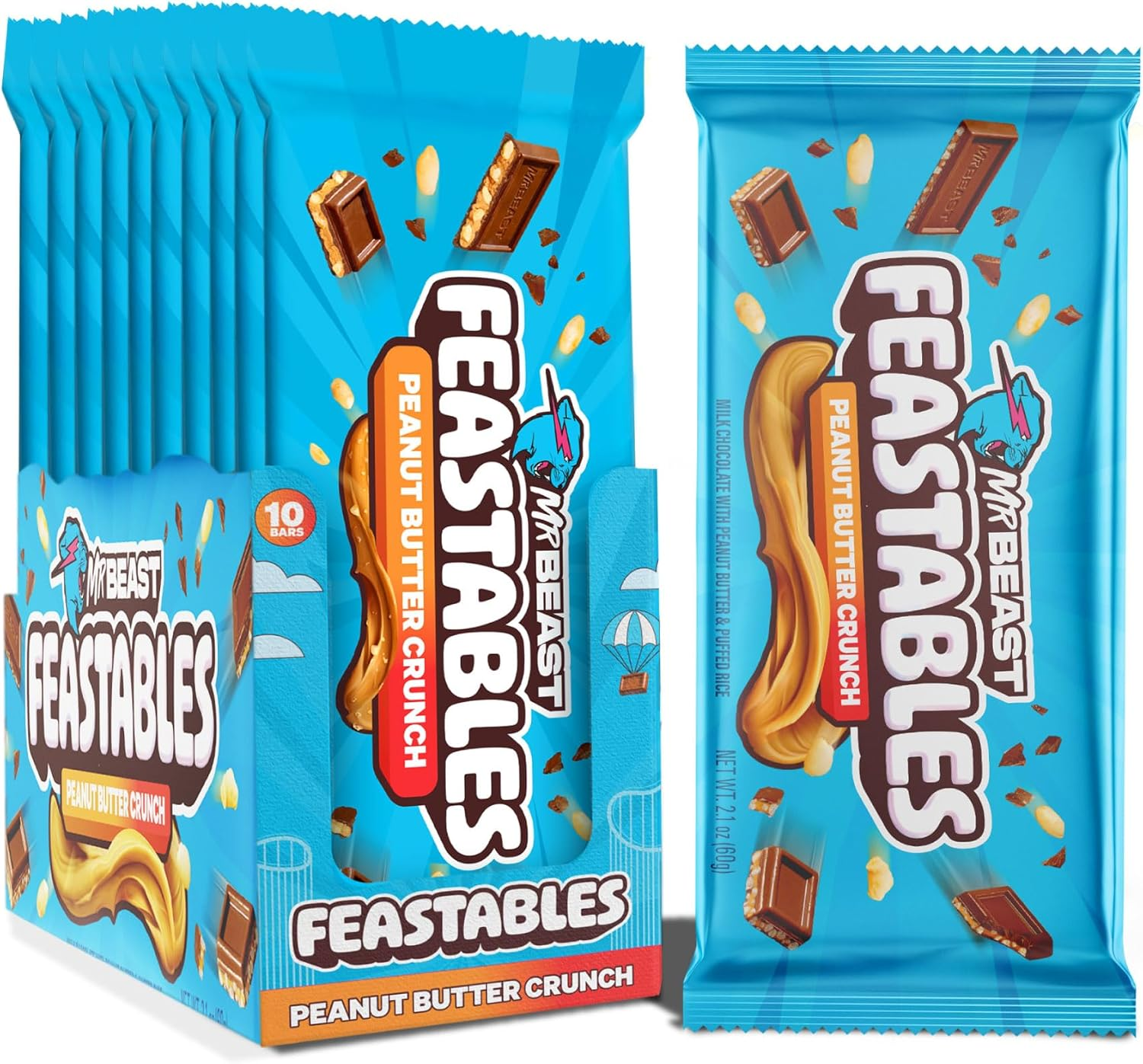 Feastables by Mrbeast Peanut Butter Milk Chocolate Crunch KING Size Candy Bar, 2.1Oz (60G), 10 Count image number 2