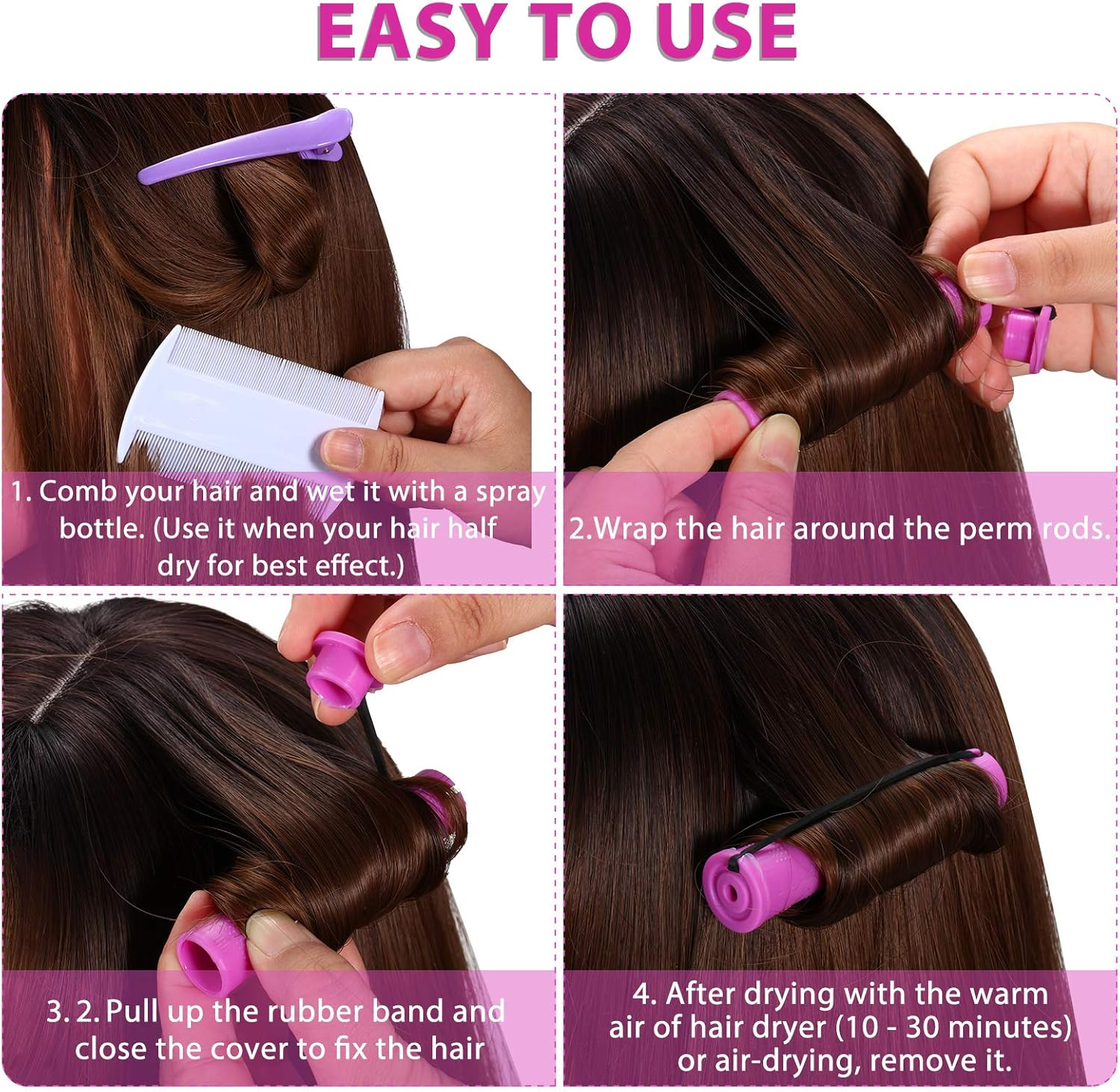 WILLBOND 60 Pcs Short Perm Rods Natural Hair Perm Rods with Elastic Rubber Band Non Slip Plastic Perming Cold Wave Kit for Women Hairdressing Styling Tool(0.75 Inch,Purple) image number 5