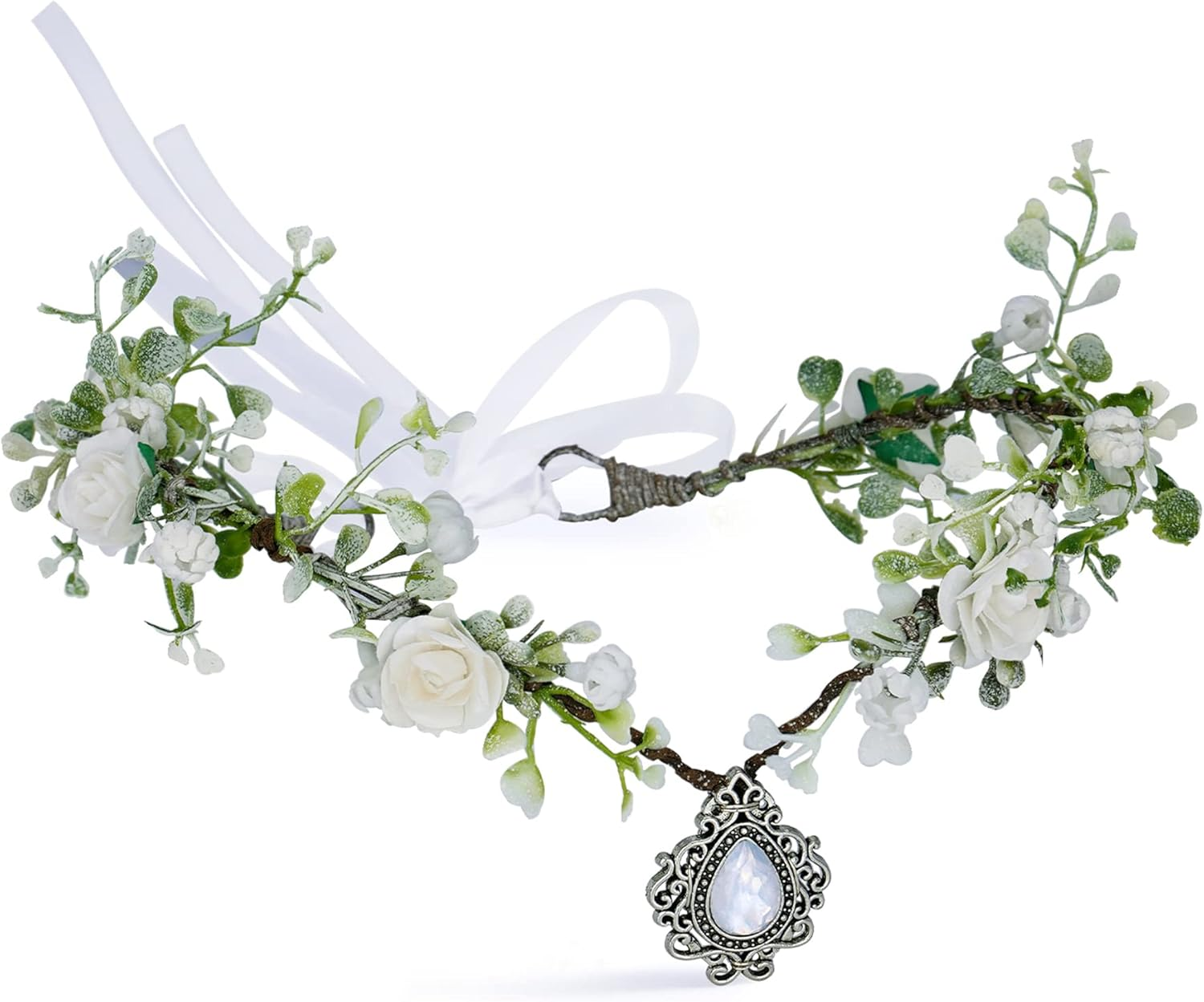 MOSTORY Woodland Fairy Flower Crown Girl - Floral Elf Headpiece with Crystal V-Shape Elven Tiara Handmade for Women Bridal Variable Size Wreath Headband for Cosplay Halloween Christmas Party Wedding