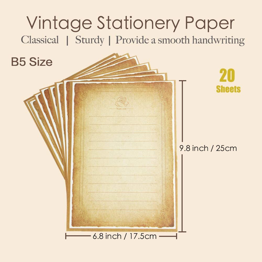 MIYKA Paper Envelopes with Vintage Stationery Paper Lined Paper, Stationery Paper Writing Paper for Invitation Wedding Office (10 Pcs Envelopes +20 Sheets Letter Paper) image number 1