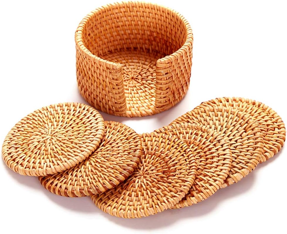 Handmade round Rattan Drink Coaster Set of 6 with Holder-4" in Diameter-Rustic Style to Dinning Room or Living Room image number 1